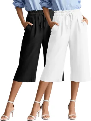 2 Pack Women's Linen Cotton Capri Pants Drawstring High Waisted Loose Wide Leg Casual Summer Trousers with Pockets