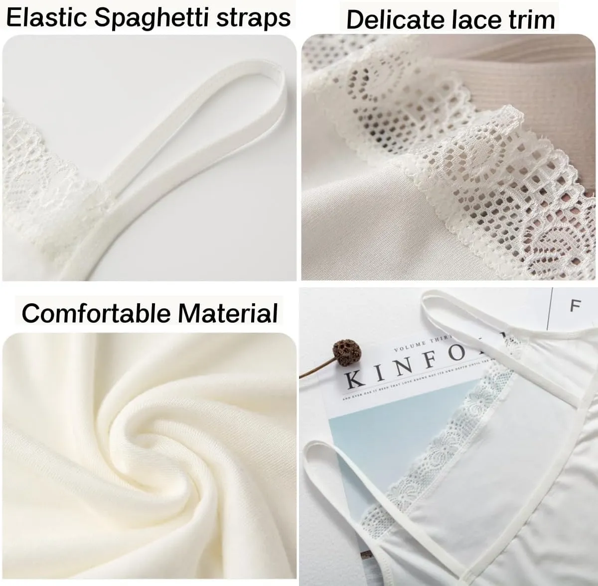 2 Pack Women's Spaghetti Strap Lace Trim Cami Tunic Tank Tops Stretch Slim-Fit Camisole Black/White