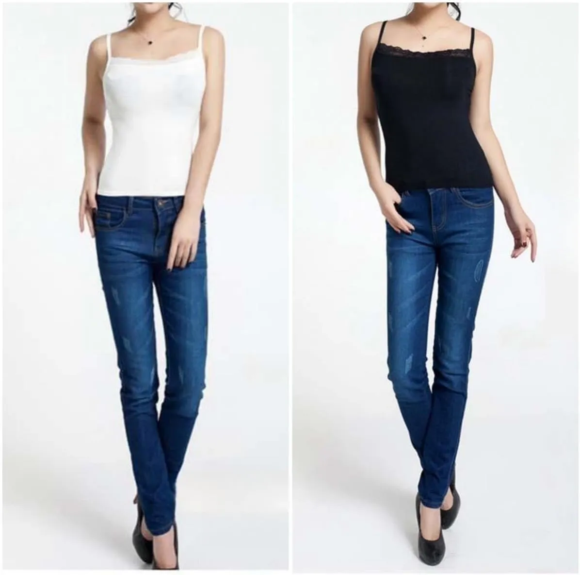 2 Pack Women's Spaghetti Strap Lace Trim Cami Tunic Tank Tops Stretch Slim-Fit Camisole Black/White