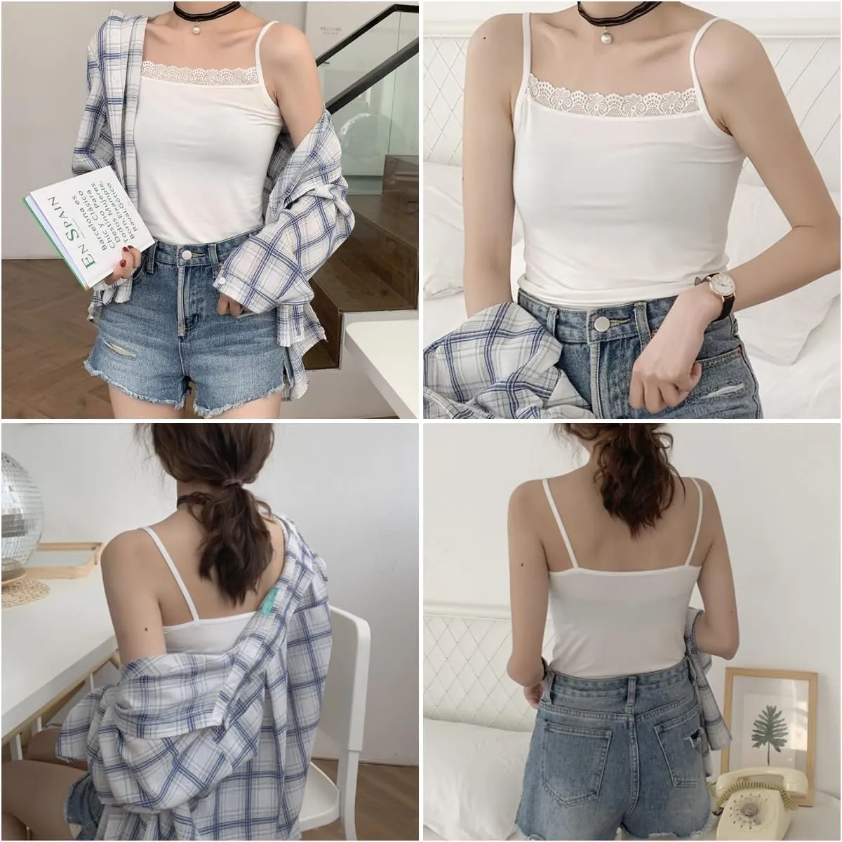 2 Pack Women's Spaghetti Strap Lace Trim Cami Tunic Tank Tops Stretch Slim-Fit Camisole Black/White