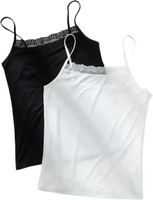 2 Pack Women's Spaghetti Strap Lace Trim Cami Tunic Tank Tops Stretch Slim-Fit Camisole Black/White