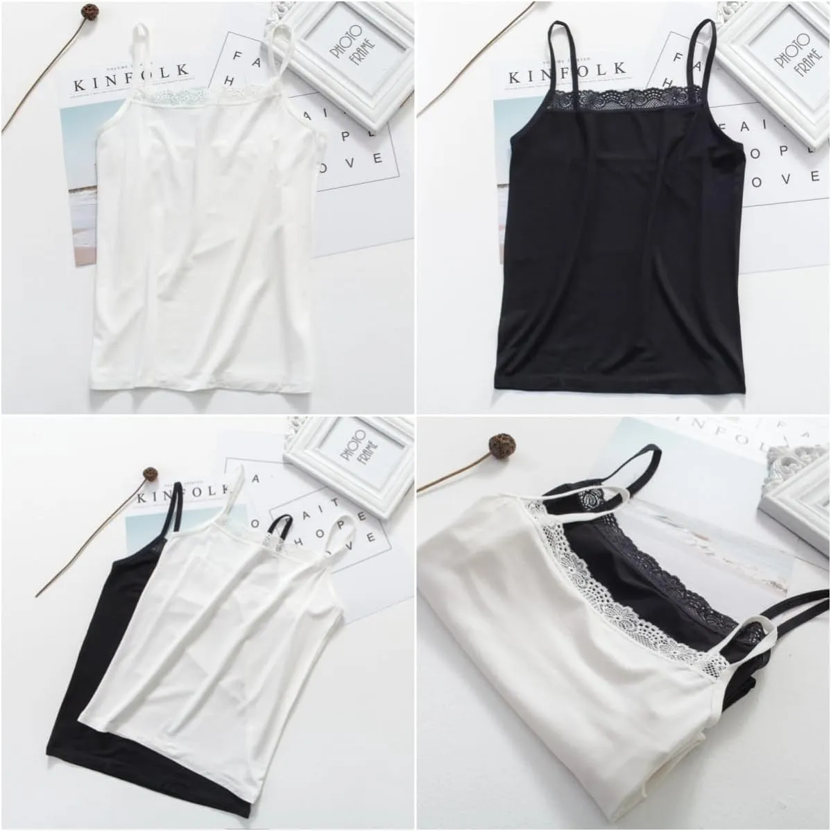 2 Pack Women's Spaghetti Strap Lace Trim Cami Tunic Tank Tops Stretch Slim-Fit Camisole Black/White