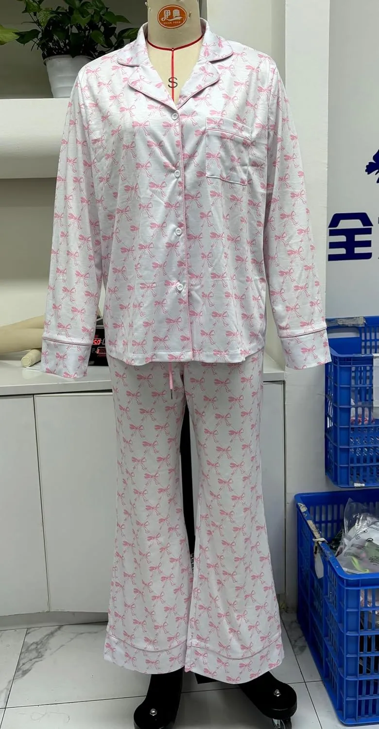 2 Piece Pajama Set Women Valentin's Day Pjs Set Cute Heart Print Button Down Shirt Pants Set Lounge Wear