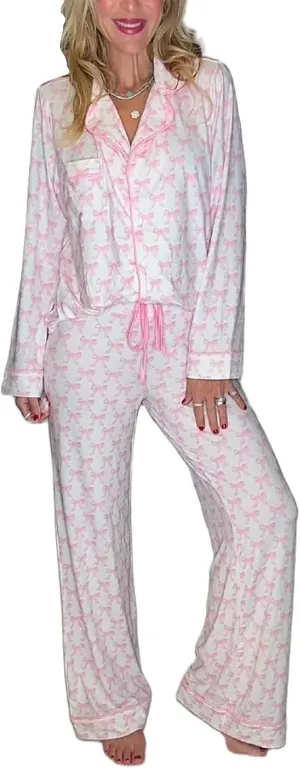 2 Piece Pajama Set Women Valentin's Day Pjs Set Cute Heart Print Button Down Shirt Pants Set Lounge Wear