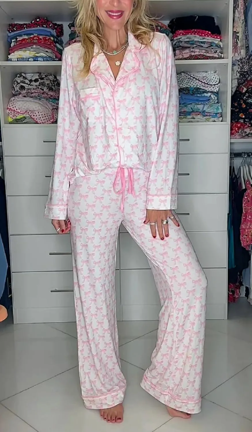 2 Piece Pajama Set Women Valentin's Day Pjs Set Cute Heart Print Button Down Shirt Pants Set Lounge Wear