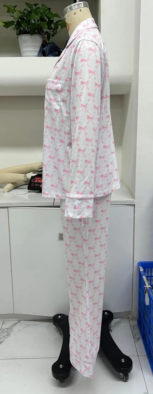 2 Piece Pajama Set Women Valentin's Day Pjs Set Cute Heart Print Button Down Shirt Pants Set Lounge Wear