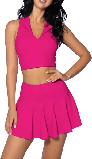 2 Piece Tennis Dress for Women Pleated Tennis Skirt Sleeveless Racerback Padded Crop Top Golf Workout Outfits