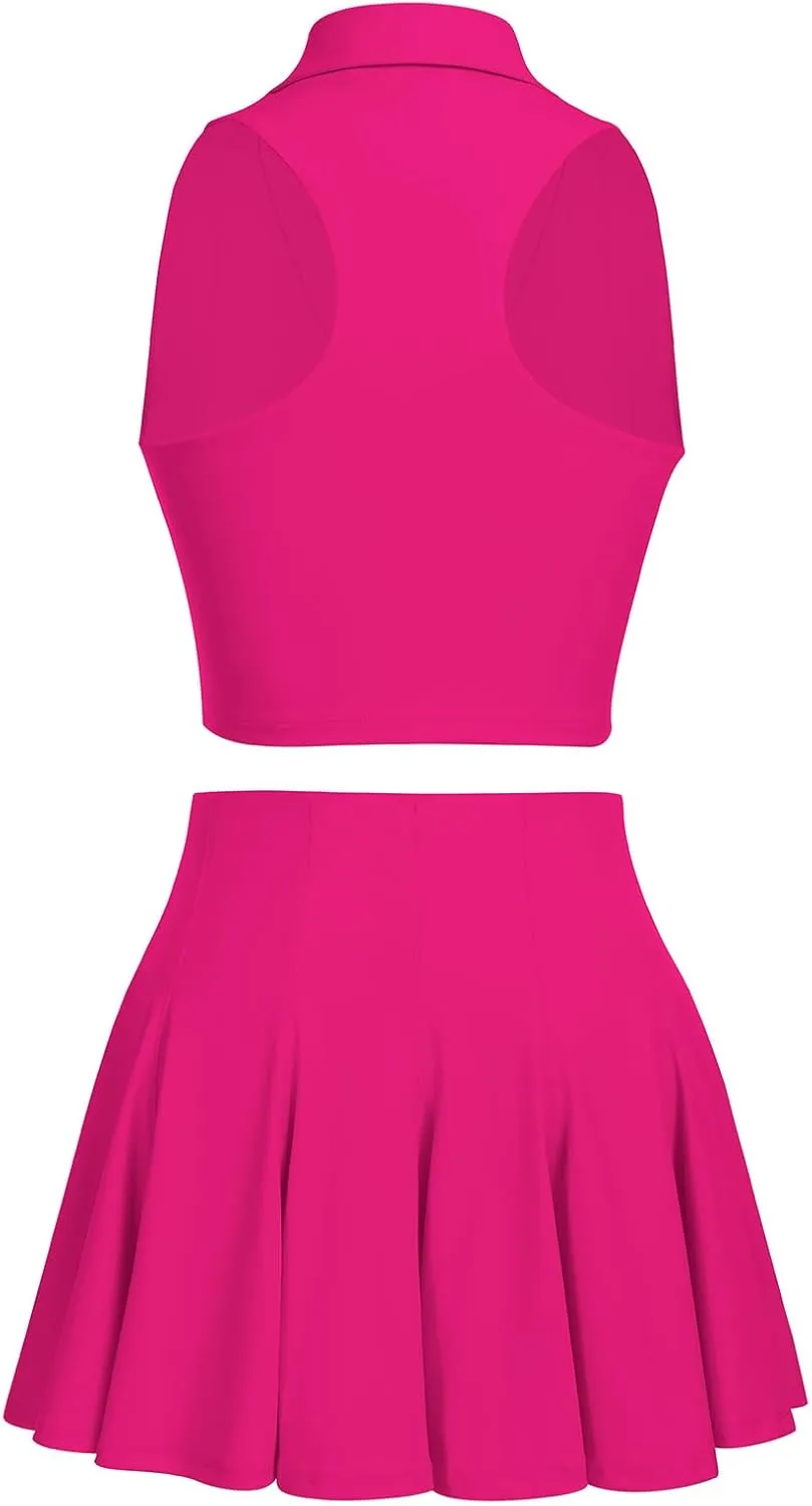 2 Piece Tennis Dress for Women Pleated Tennis Skirt Sleeveless Racerback Padded Crop Top Golf Workout Outfits