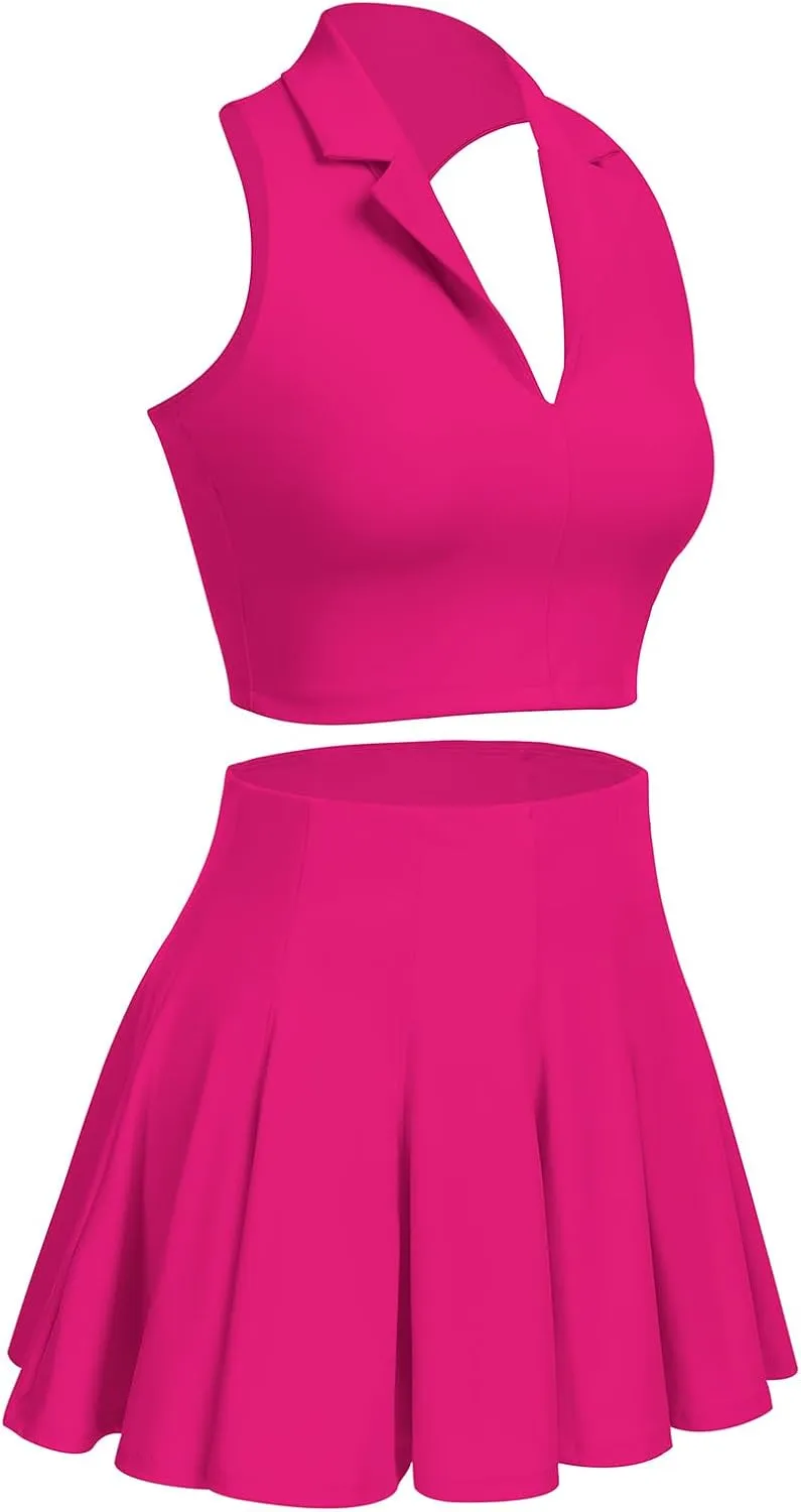 2 Piece Tennis Dress for Women Pleated Tennis Skirt Sleeveless Racerback Padded Crop Top Golf Workout Outfits