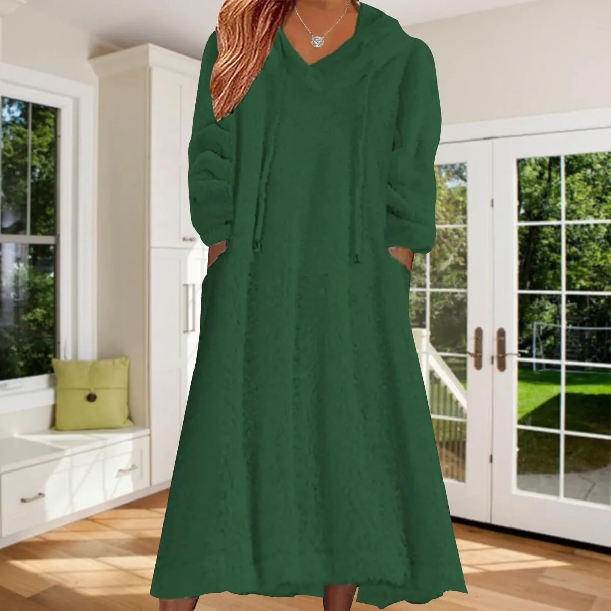 2024 Women's Fleece Fuzzy Hoodies Dress Long Dress Oversized Hooded Sweatshirts Dress Warm Winter Hoodies with Pocket
