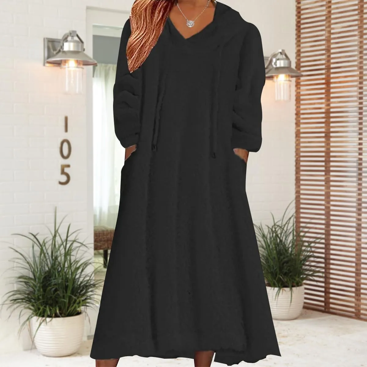 2024 Women's Fleece Fuzzy Hoodies Dress Long Dress Oversized Hooded Sweatshirts Dress Warm Winter Hoodies with Pocket