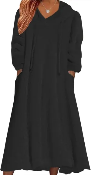 2024 Women's Fleece Fuzzy Hoodies Dress Long Dress Oversized Hooded Sweatshirts Dress Warm Winter Hoodies with Pocket