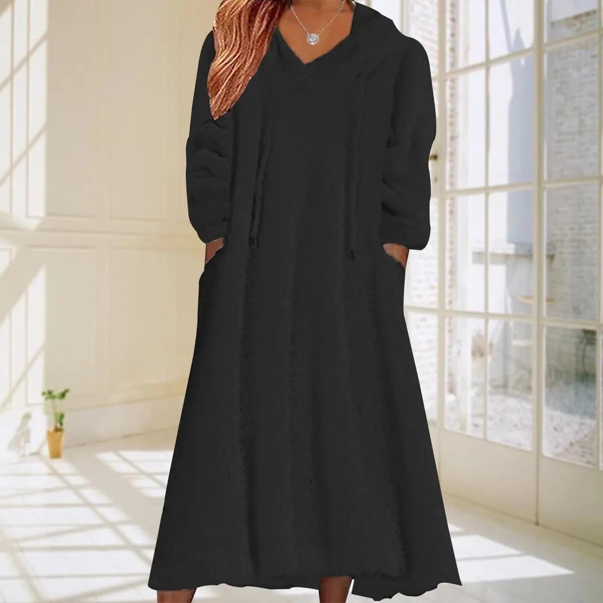 2024 Women's Fleece Fuzzy Hoodies Dress Long Dress Oversized Hooded Sweatshirts Dress Warm Winter Hoodies with Pocket