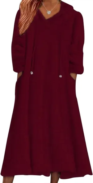 2024 Women's Fleece Fuzzy Hoodies Dress Long Dress Oversized Hooded Sweatshirts Dress Warm Winter Hoodies with Pocket