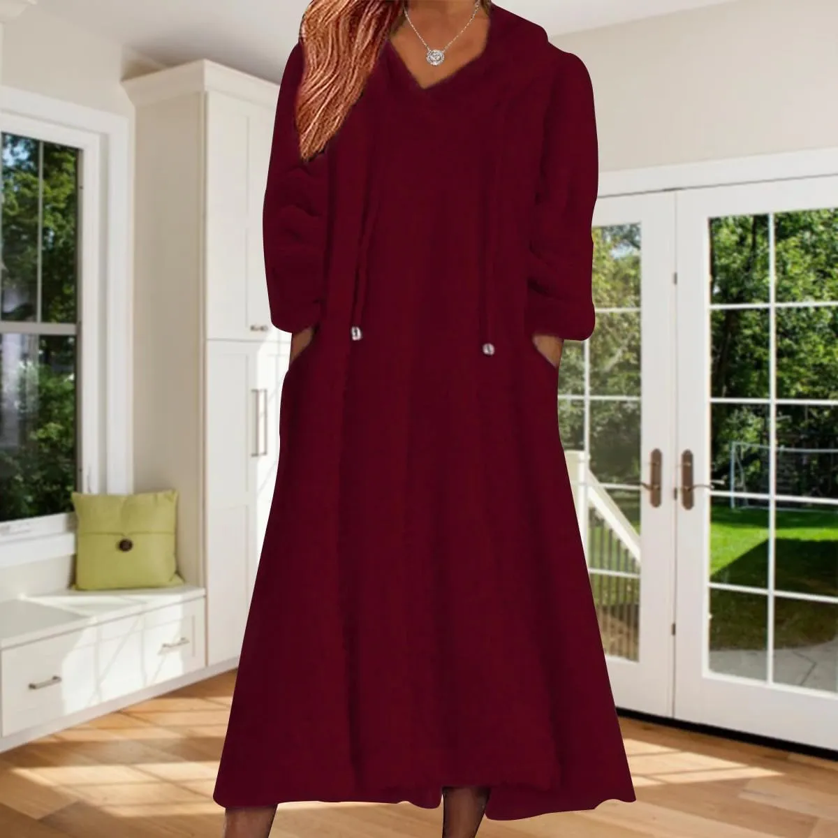 2024 Women's Fleece Fuzzy Hoodies Dress Long Dress Oversized Hooded Sweatshirts Dress Warm Winter Hoodies with Pocket