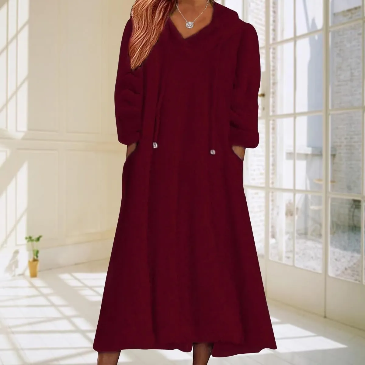 2024 Women's Fleece Fuzzy Hoodies Dress Long Dress Oversized Hooded Sweatshirts Dress Warm Winter Hoodies with Pocket