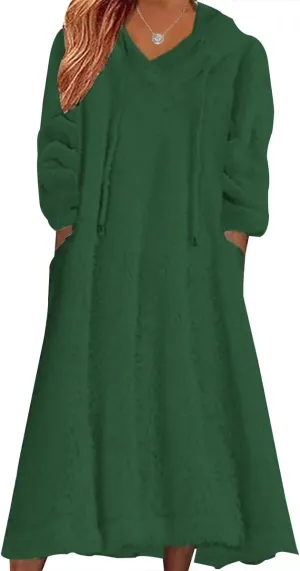2024 Women's Fleece Fuzzy Hoodies Dress Long Dress Oversized Hooded Sweatshirts Dress Warm Winter Hoodies with Pocket