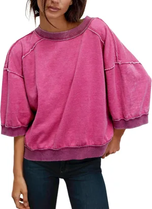 3/4 Sleeve Sweatshirt Women Oversized Vintage Patchwork Exposed Seam Crewneck Pullover Tops Summer Fall Clothes