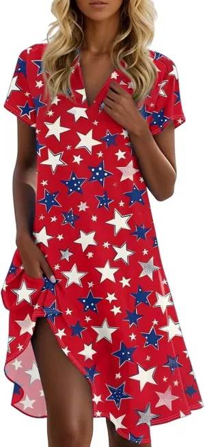 4Th of July Summer Midi Dresses for Women Patriotic Tshirt Dress Collared V Neck Short Sleeve Swing Festival Outfits
