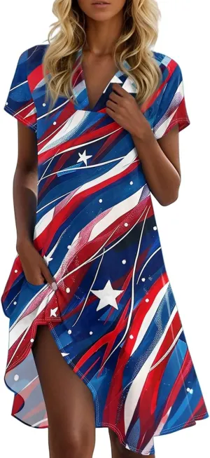 4Th of July Summer Midi Dresses for Women Patriotic Tshirt Dress Collared V Neck Short Sleeve Swing Festival Outfits