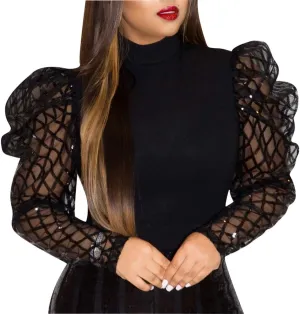 acelyn Women's Elegant Sequin Mesh Sheer Puff Long Sleeve Mock Neck Slim Fit Party Blouse Shirt Top