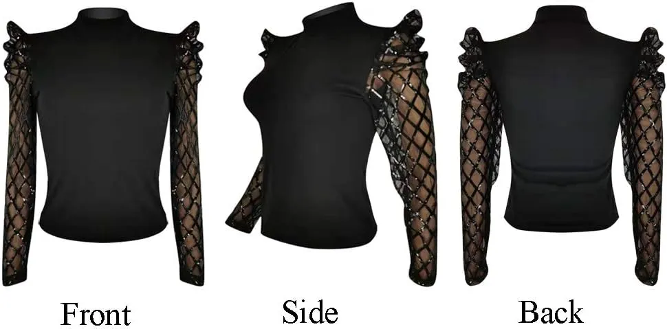 acelyn Women's Elegant Sequin Mesh Sheer Puff Long Sleeve Mock Neck Slim Fit Party Blouse Shirt Top