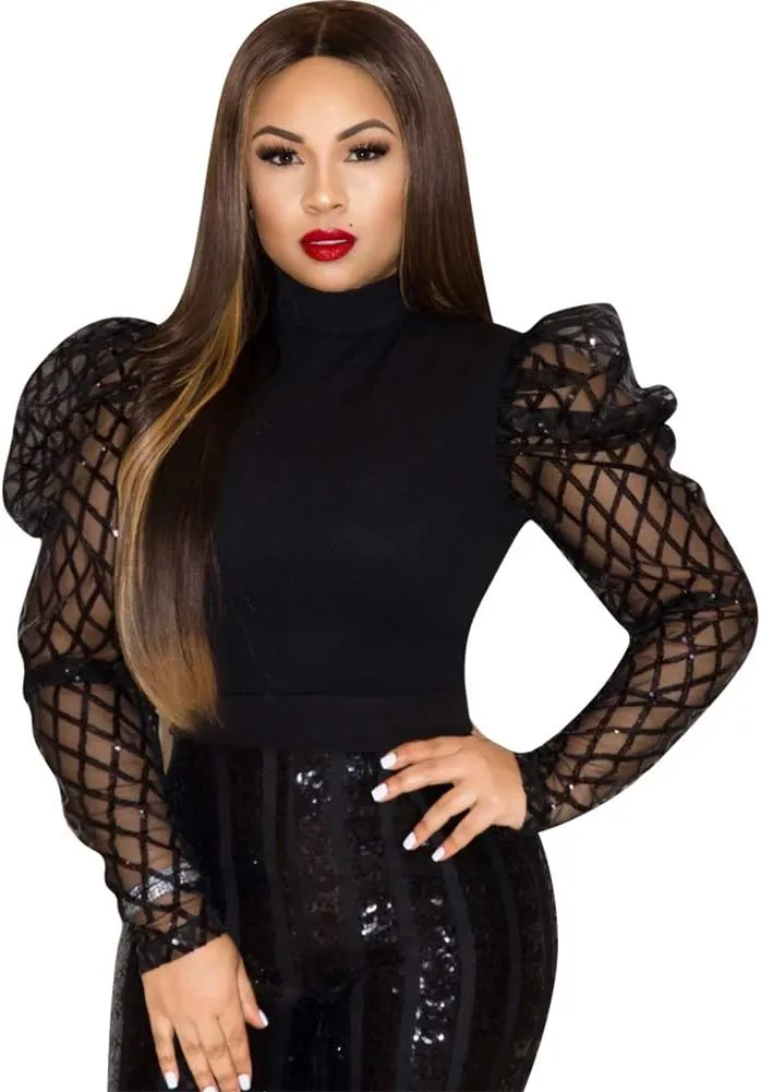 acelyn Women's Elegant Sequin Mesh Sheer Puff Long Sleeve Mock Neck Slim Fit Party Blouse Shirt Top