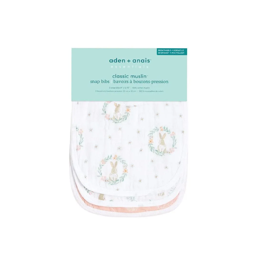aden   anais Essentials Cotton Muslin Baby Snap Bibs - 3 Pack - Blushing Bunnies