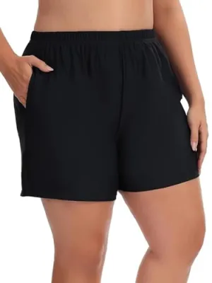 Aderea Women's Plus Size Swim Shorts Tummy Control Black Bathing Suits Bottoms High Waisted Swimsuit Boyleg Trunks with Pockets