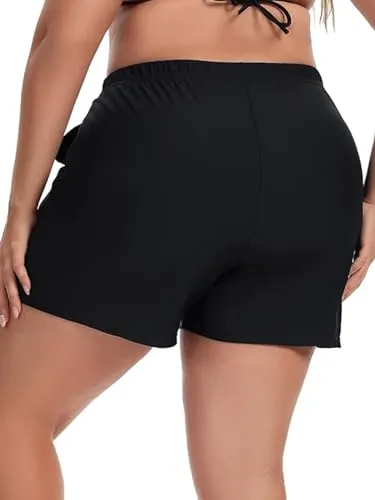 Aderea Women's Plus Size Swim Shorts Tummy Control Black Bathing Suits Bottoms High Waisted Swimsuit Boyleg Trunks with Pockets