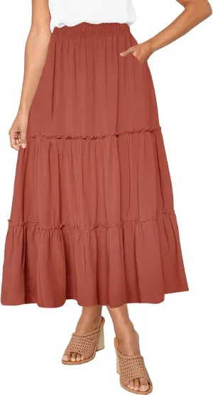 Afibi Womens High Waist A Line Ruffle Swing Long Maxi Skirt with Pockets