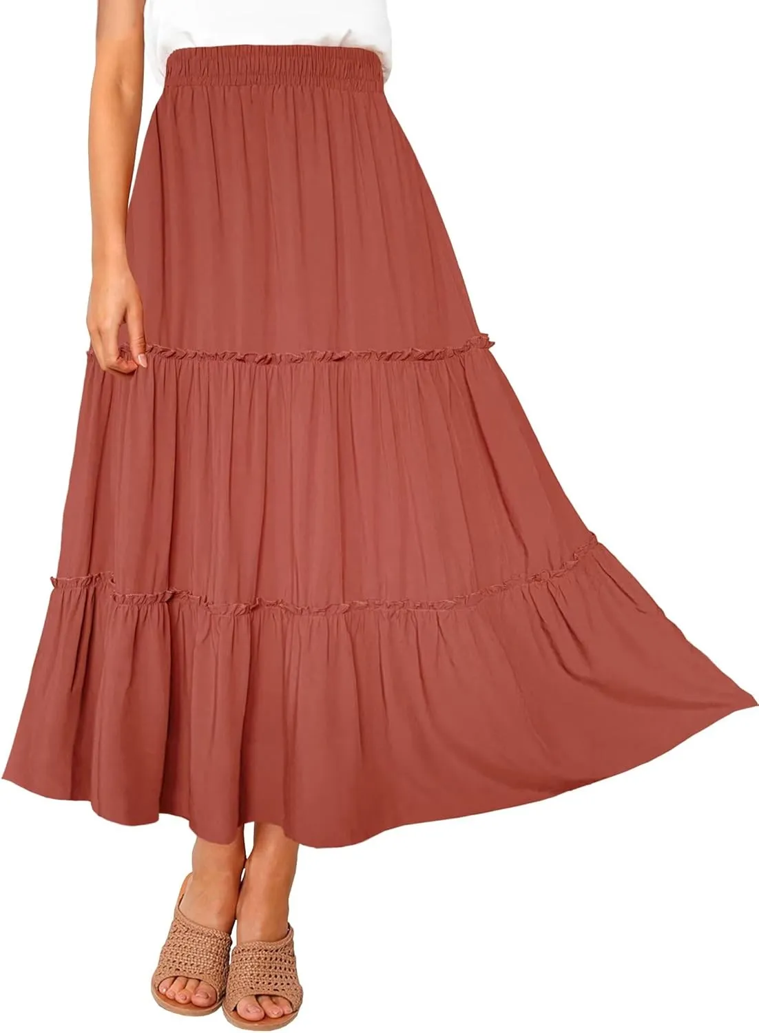 Afibi Womens High Waist A Line Ruffle Swing Long Maxi Skirt with Pockets