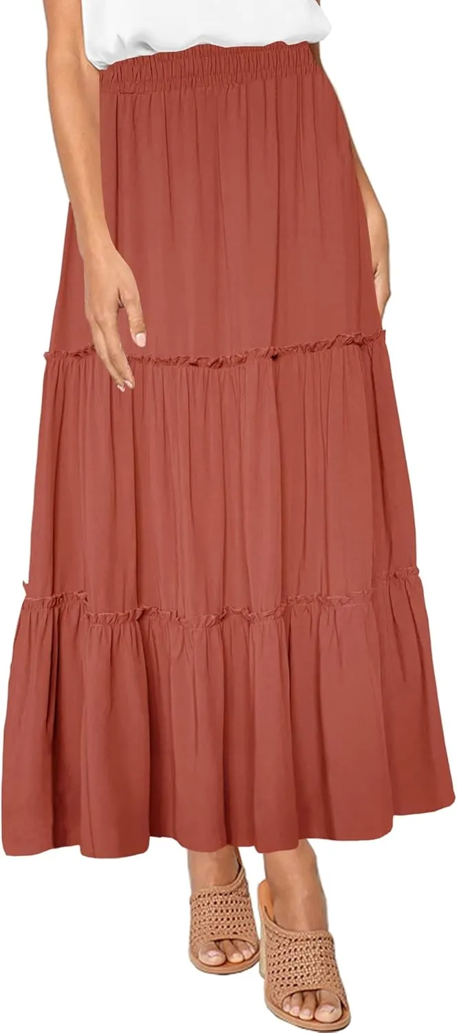 Afibi Womens High Waist A Line Ruffle Swing Long Maxi Skirt with Pockets
