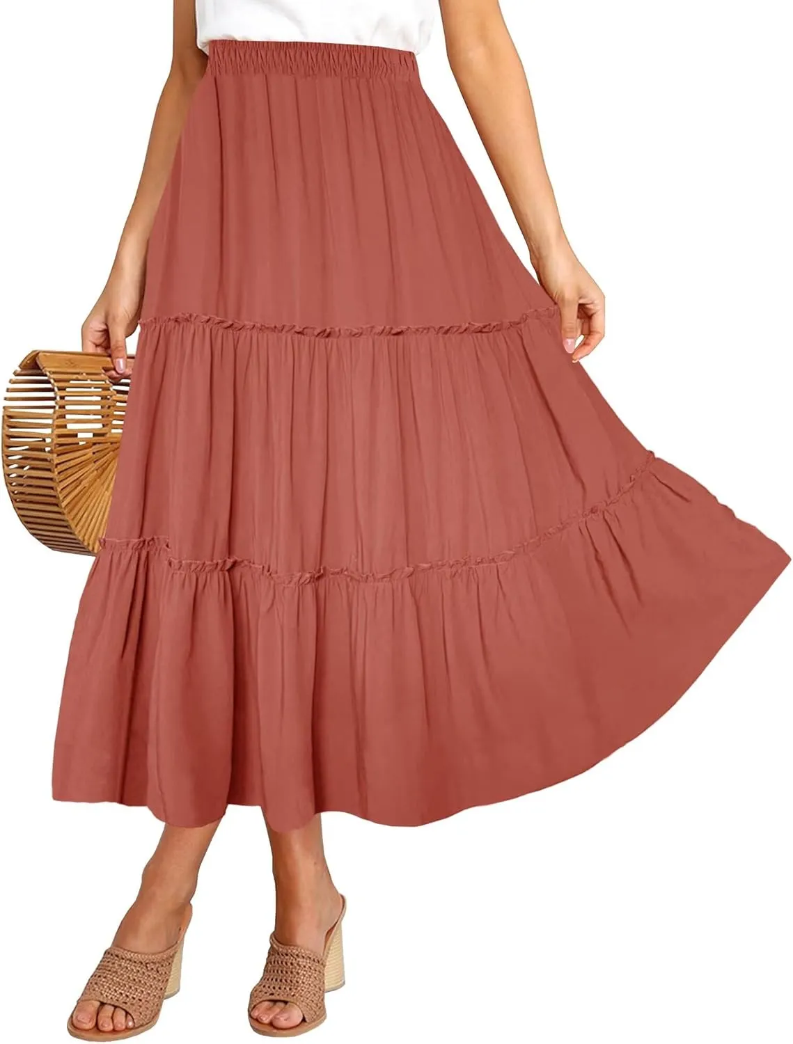 Afibi Womens High Waist A Line Ruffle Swing Long Maxi Skirt with Pockets
