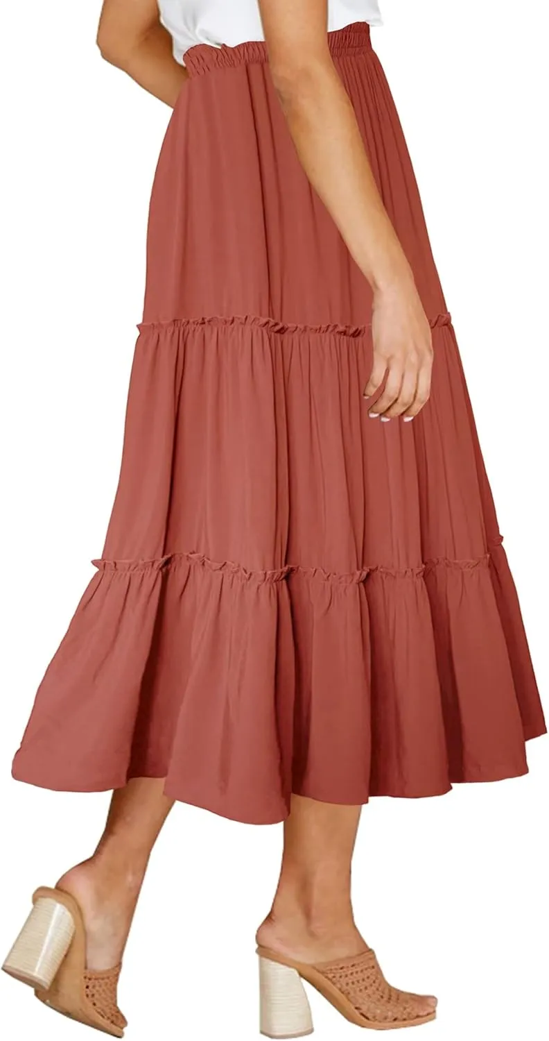 Afibi Womens High Waist A Line Ruffle Swing Long Maxi Skirt with Pockets