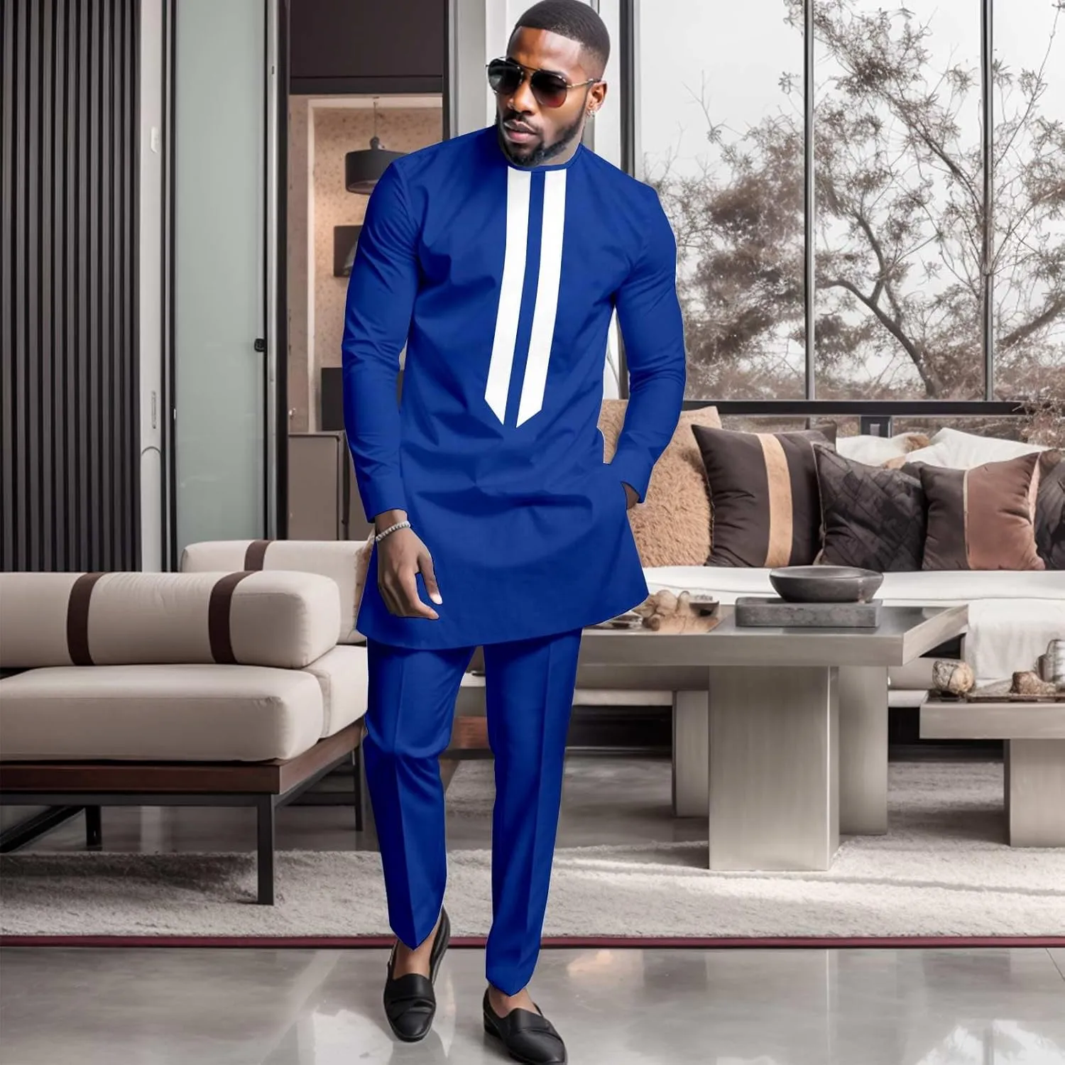 African Men's Formal Clothes Dashiki Shirt and Pant Two Piece Suit Traditional Long Sleeve Outfits