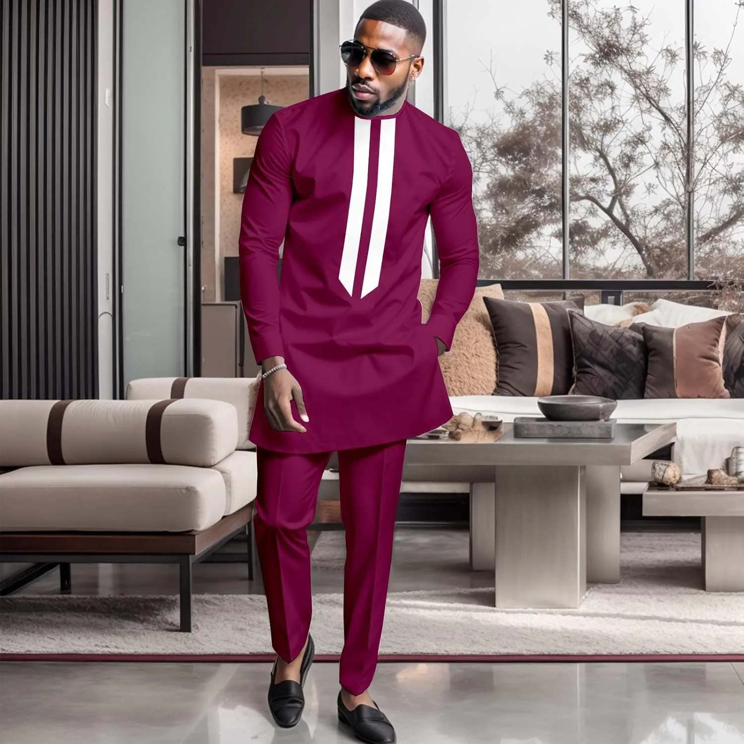 African Men's Formal Clothes Dashiki Shirt and Pant Two Piece Suit Traditional Long Sleeve Outfits