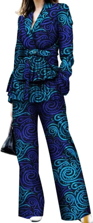 African Print Business Women Blazer and Wide Leg Pant 2pcs