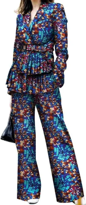 African Print Business Women Blazer and Wide Leg Pant 2pcs