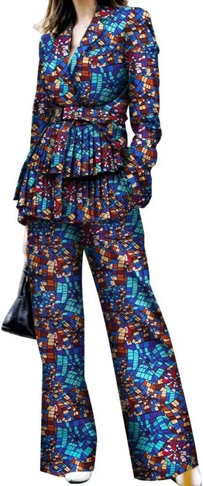 African Print Business Women Blazer and Wide Leg Pant 2pcs