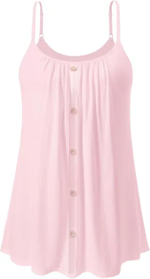 Air Curvey Women's Flowy Camisole with Build in Bra Summer Buttons Pleated Cami Adjustable Strap Tank Top 2025