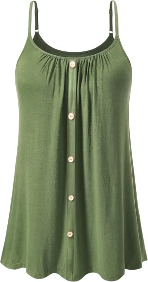 Air Curvey Women's Flowy Camisole with Build in Bra Summer Buttons Pleated Cami Adjustable Strap Tank Top 2025