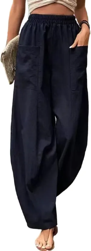 Akivide Women's Casual Linen Elastic Waist Pants High Waist Loose Comfy Trousers Wide Leg Pants for Women with 2 Pockets, XX-Large