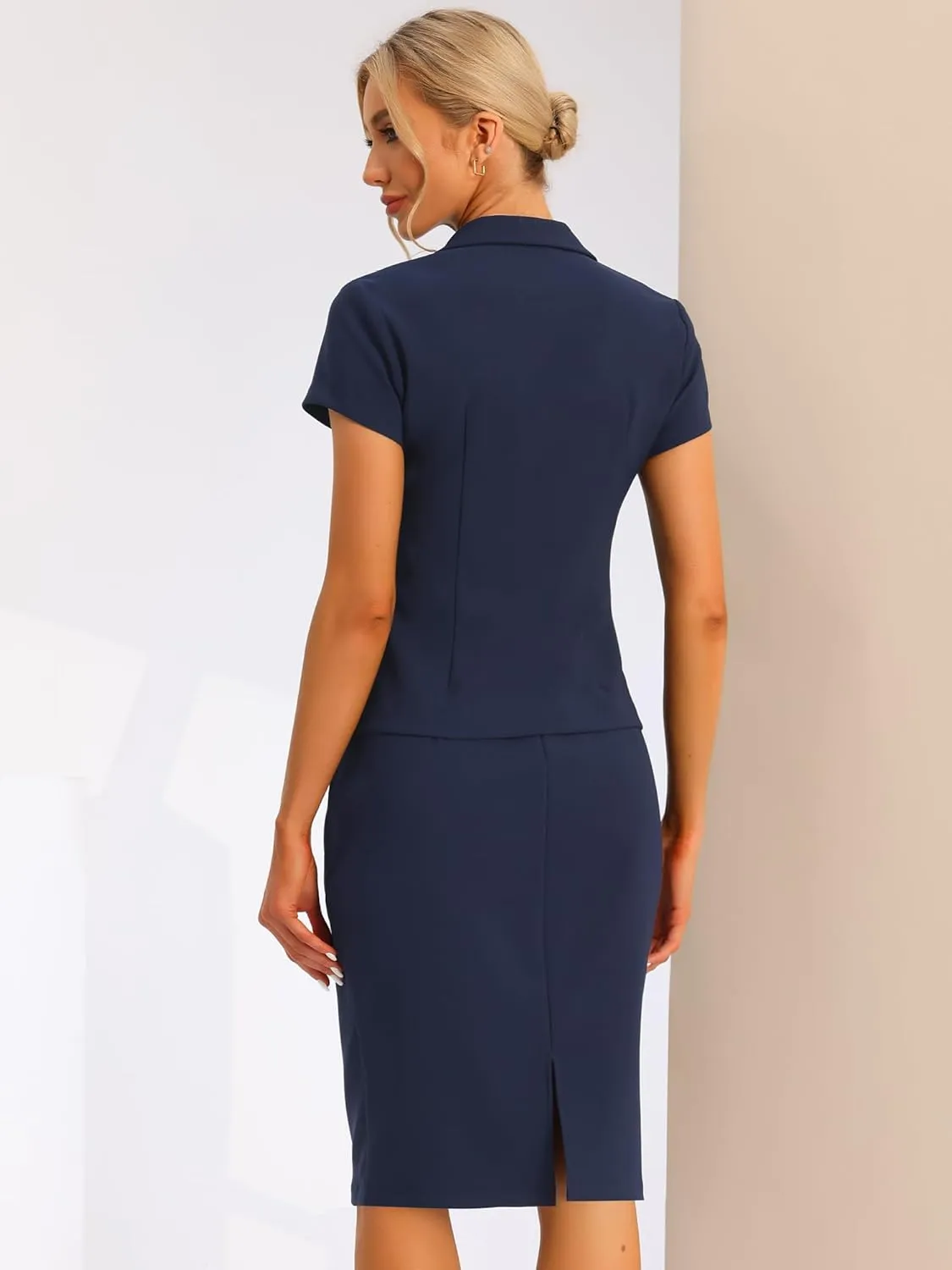 Allegra K Women's Business Skirt Suit Set Work Office Short Sleeve Blazer Jacket Pencil Skirt