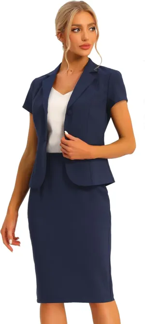 Allegra K Women's Business Skirt Suit Set Work Office Short Sleeve Blazer Jacket Pencil Skirt