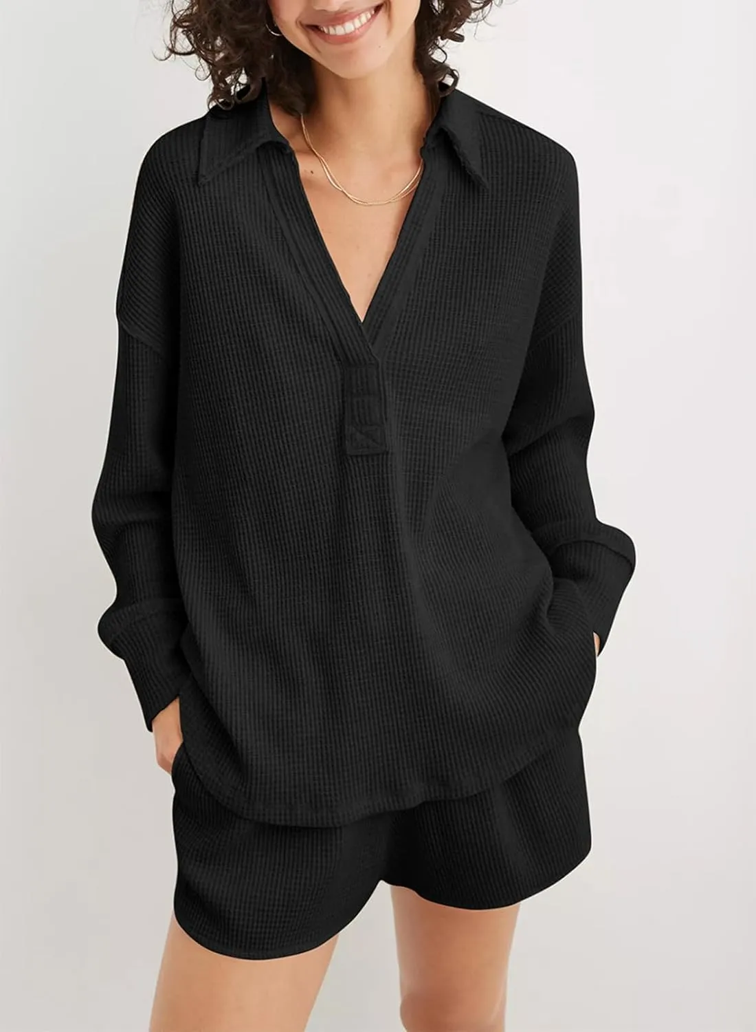 AlvaQ Womens Oversized Sweatshirt Loose V Neck Long Sleeve Lapel Collared Waffle Knit High Low Pullover Tops