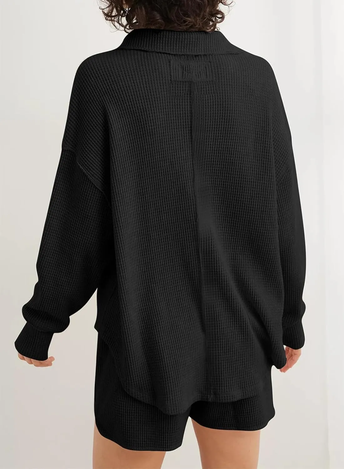 AlvaQ Womens Oversized Sweatshirt Loose V Neck Long Sleeve Lapel Collared Waffle Knit High Low Pullover Tops