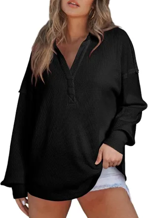 AlvaQ Womens Oversized Sweatshirt Loose V Neck Long Sleeve Lapel Collared Waffle Knit High Low Pullover Tops