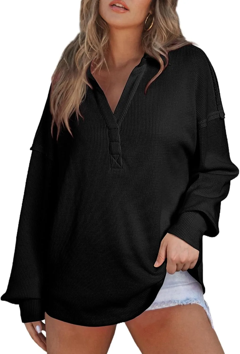 AlvaQ Womens Oversized Sweatshirt Loose V Neck Long Sleeve Lapel Collared Waffle Knit High Low Pullover Tops