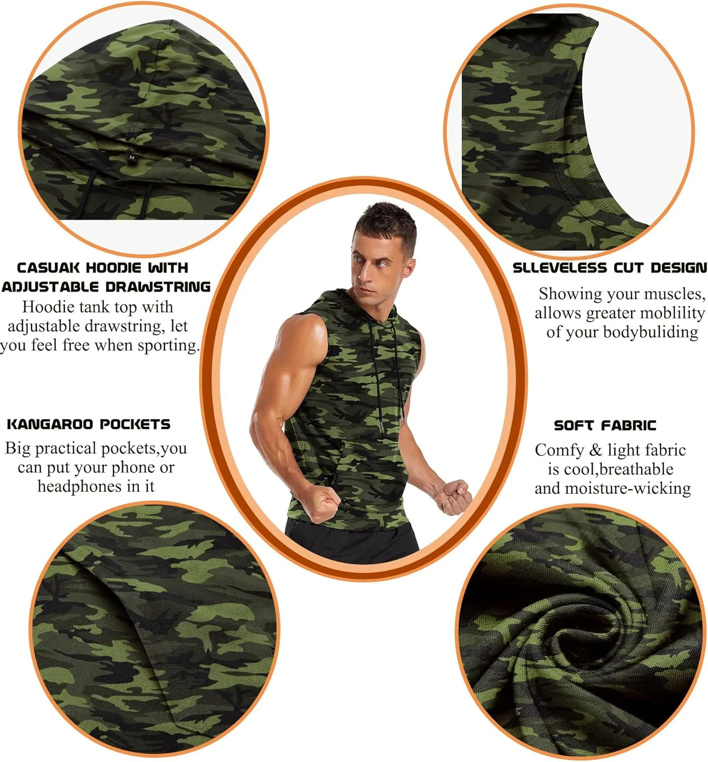 Amussiar Men's Workout Hooded Tank Tops Sleeveless Gym Training Hoodies Bodybuilding Muscle Cut Off T Shirt